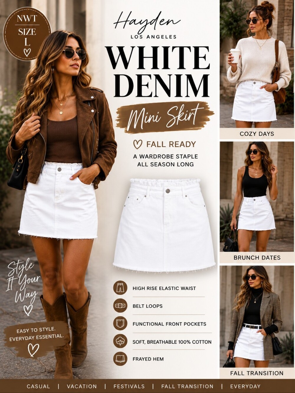 Hayden Los Angeles White Denim Mini Skirt Womens L High Rise Paperbag Distressed
